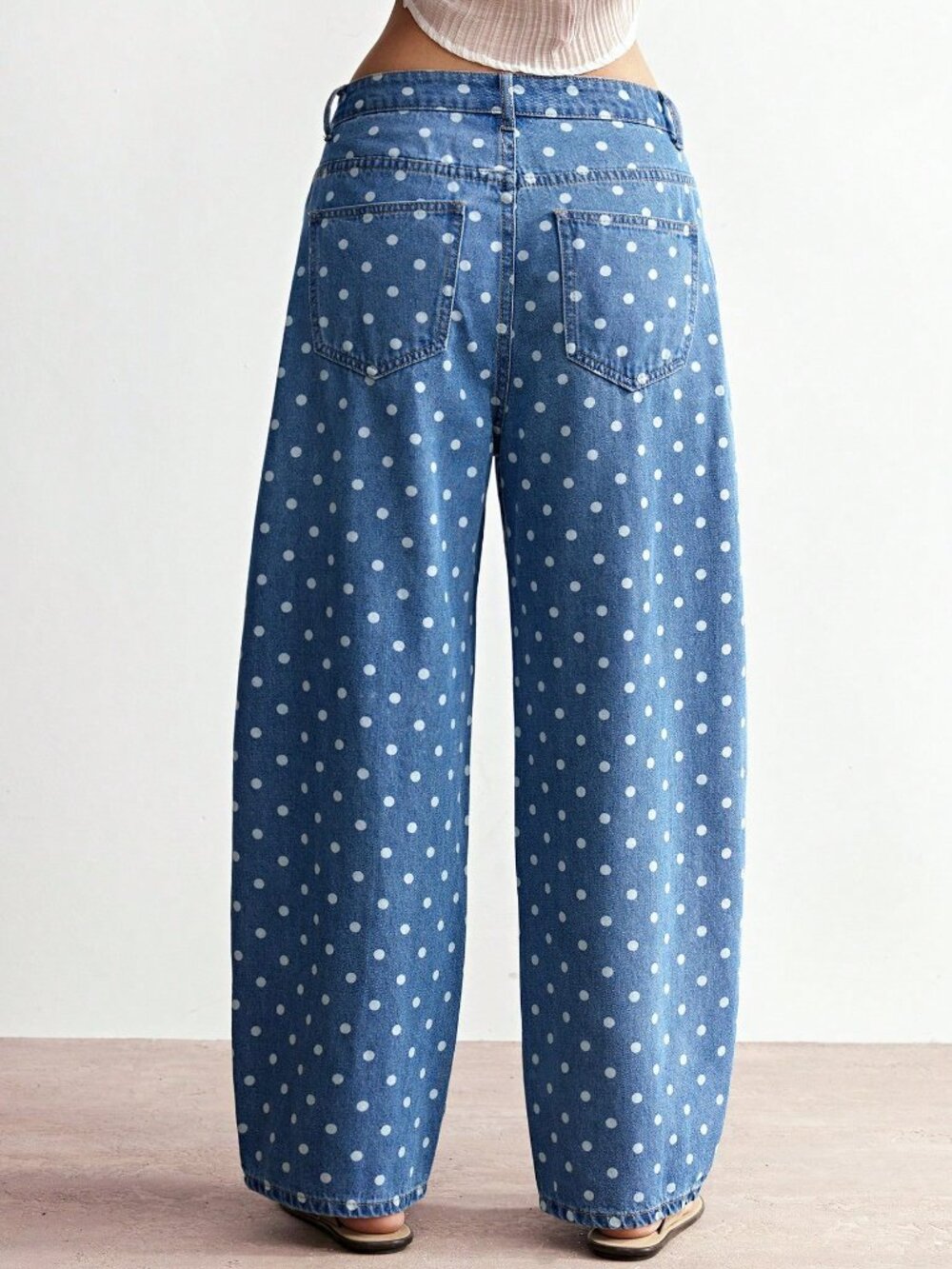 Blue Casual Women's Polka Dot Woven Denim Loose Long Pants - Picture 2 of 6